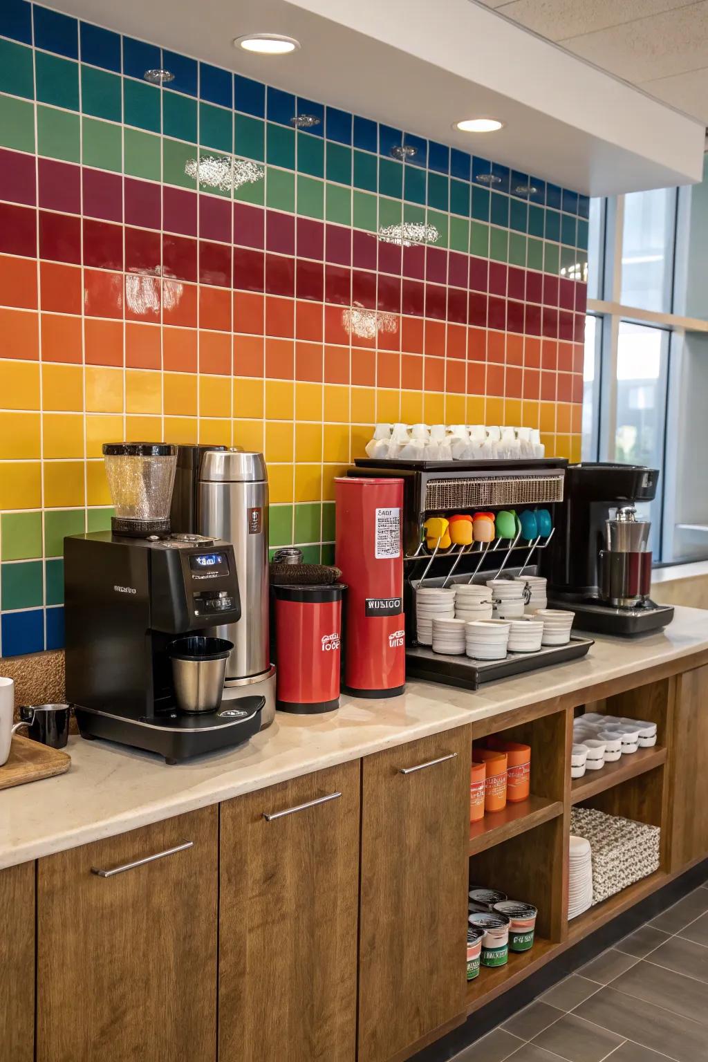 A bold backsplash creates a striking focal point for your coffee and tea station.