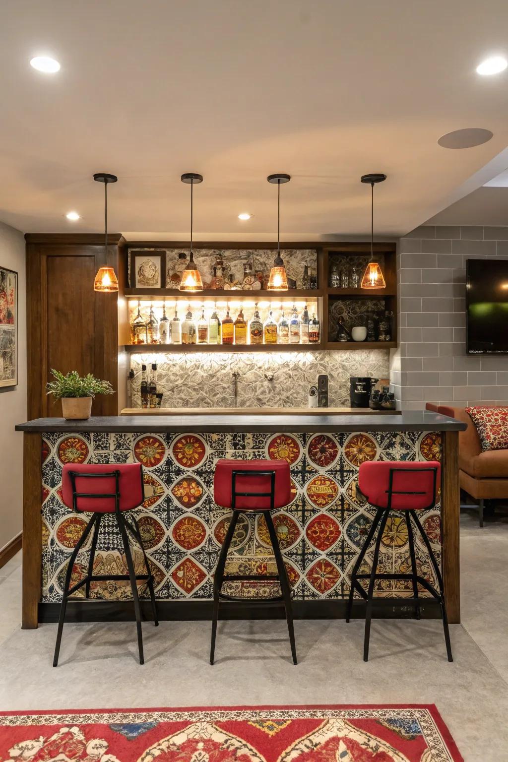 A statement backsplash can transform your bar area.
