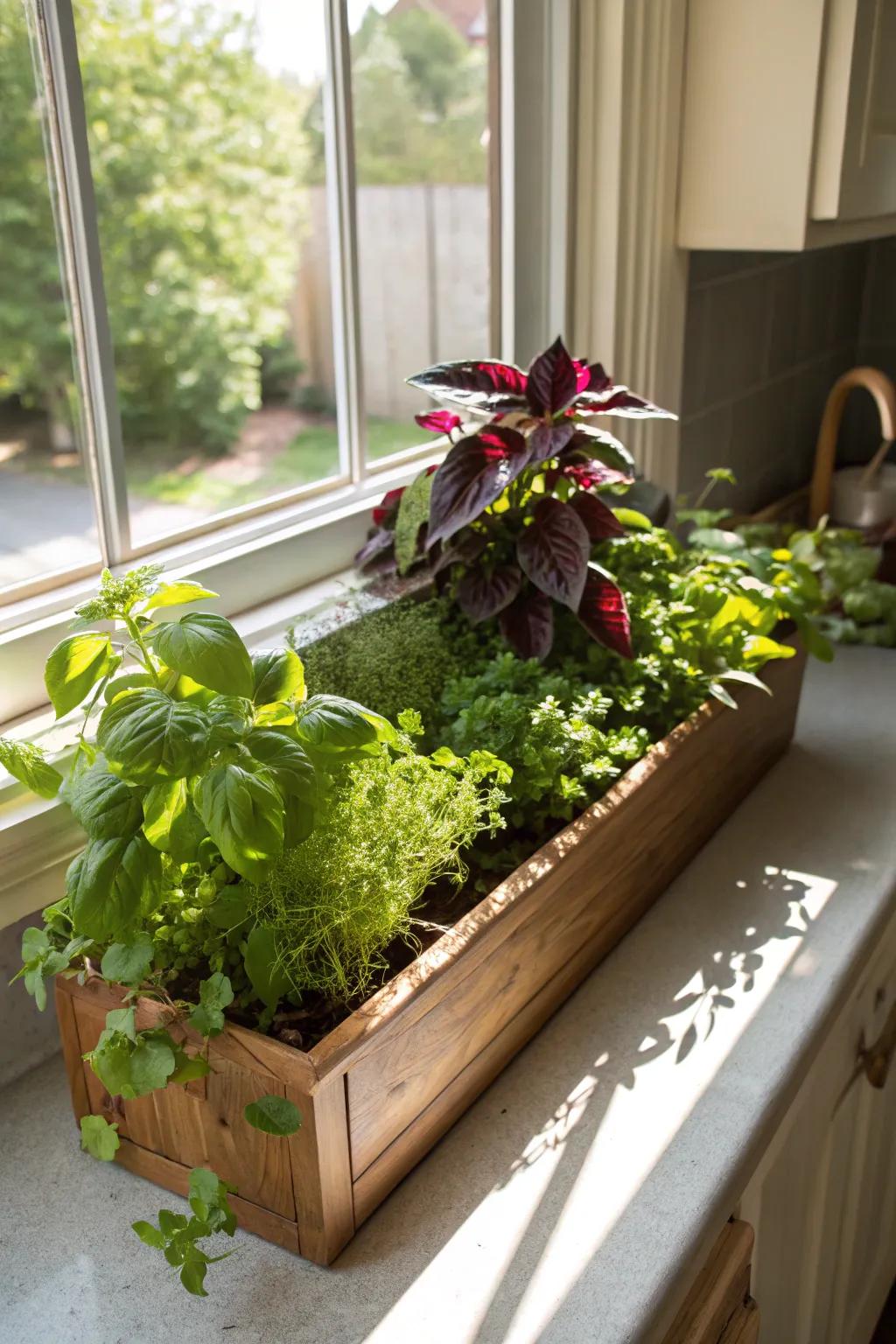 Coleus and herbs combine beauty and function in window boxes.
