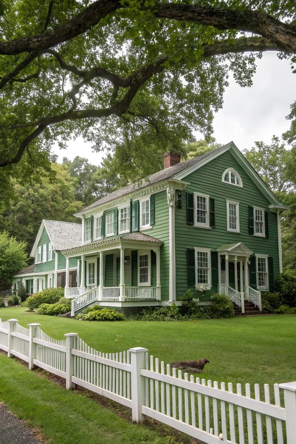 Colonial home with green siding and white trim.