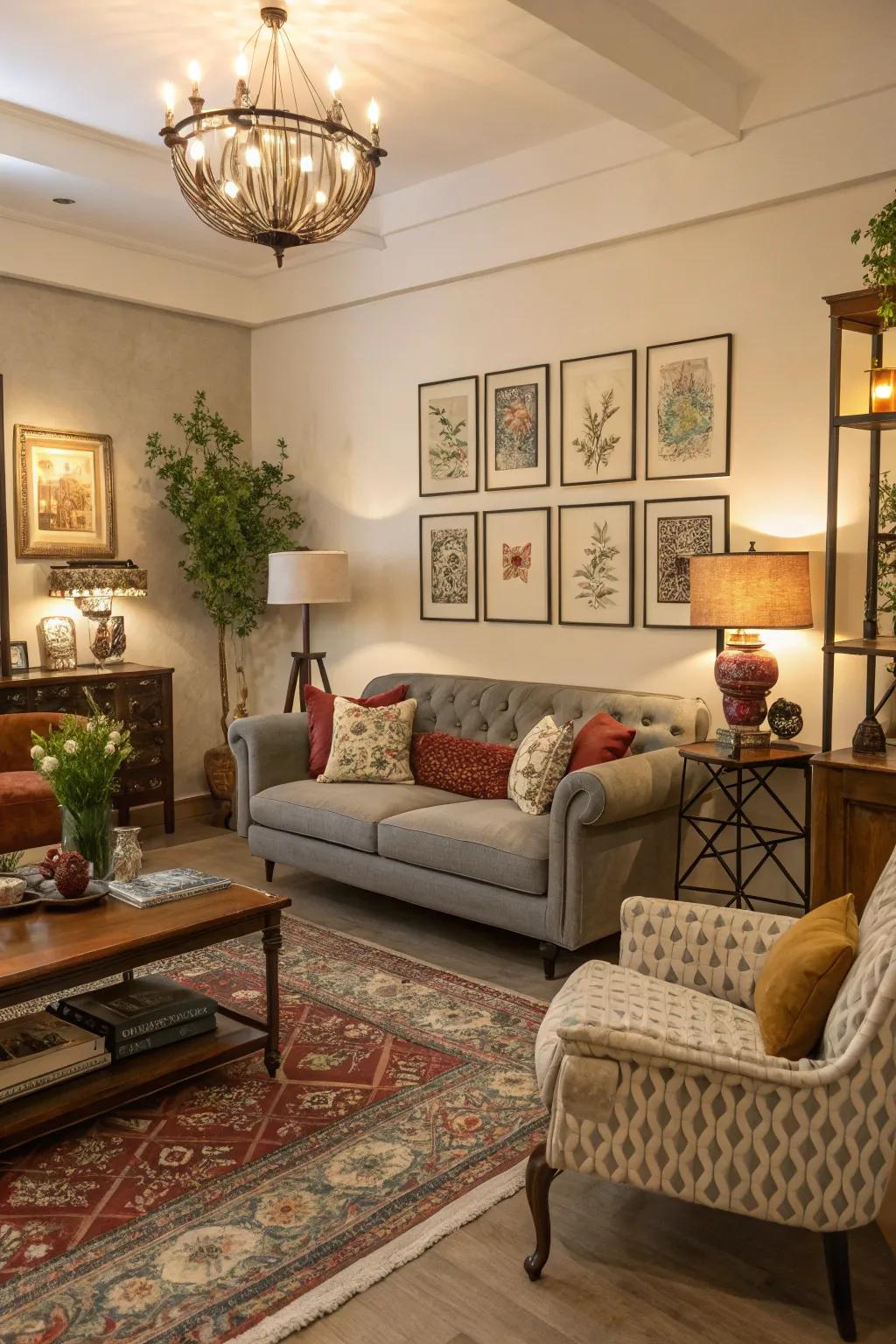 A combination of modern and retro elements creates an eclectic yet balanced lounge area.