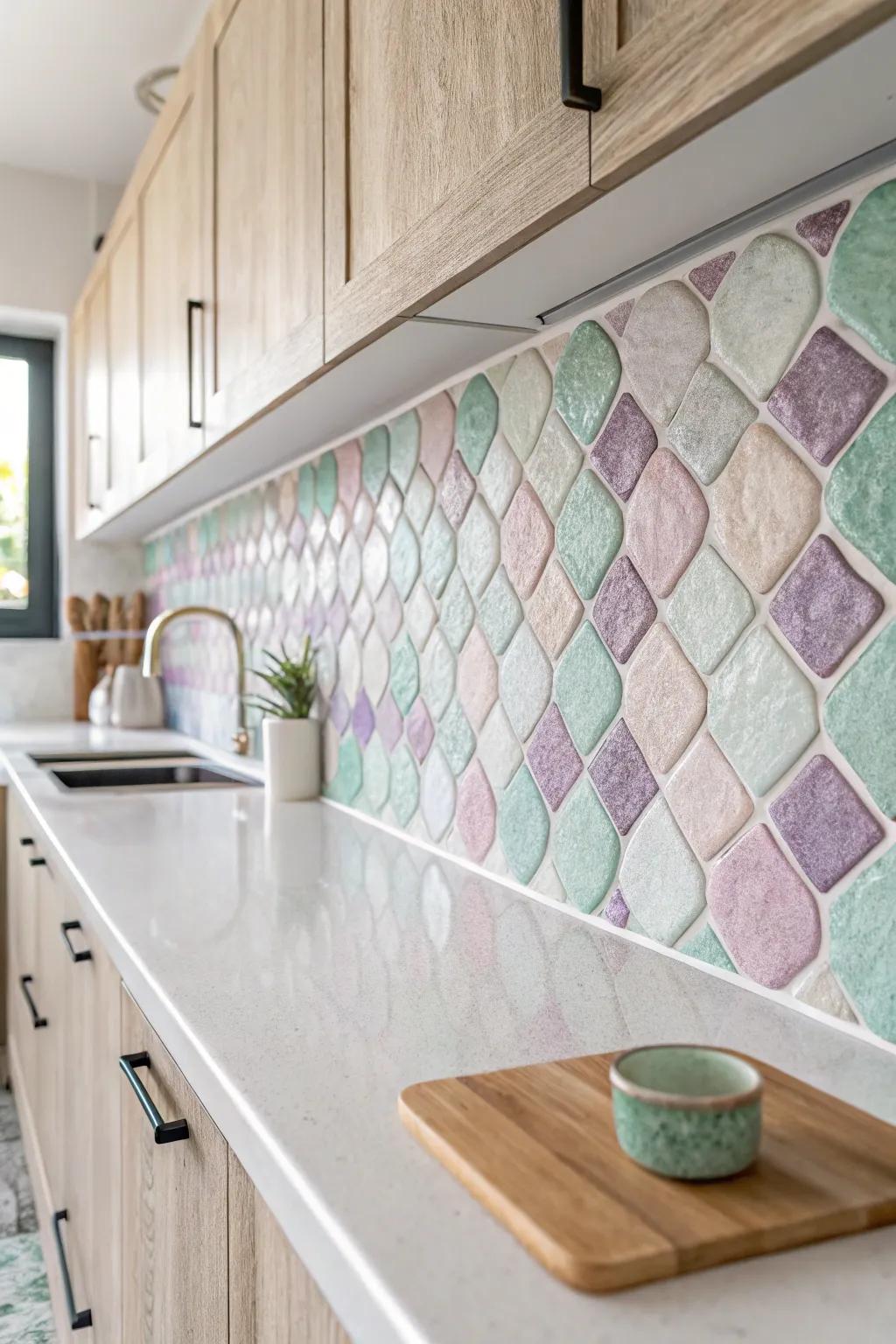 Transform your kitchen into a serene oasis with a pastel mosaic backsplash, where simplicity meets natural beauty.