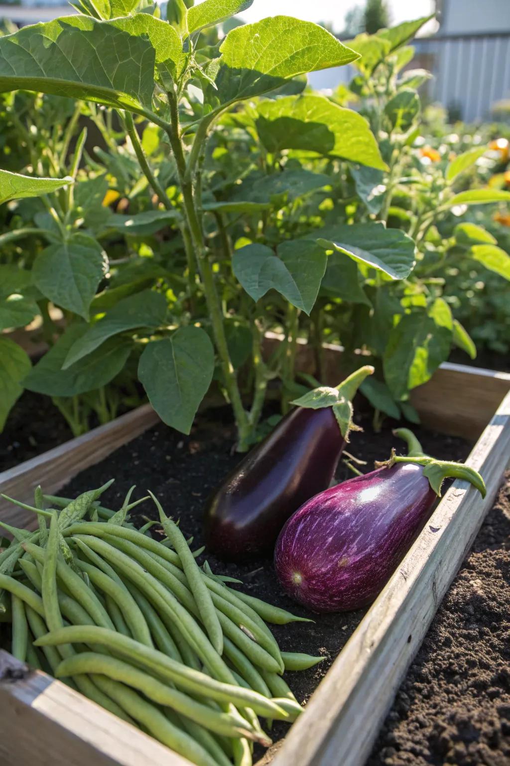 In the garden, eggplants and beans promote mutual growth.