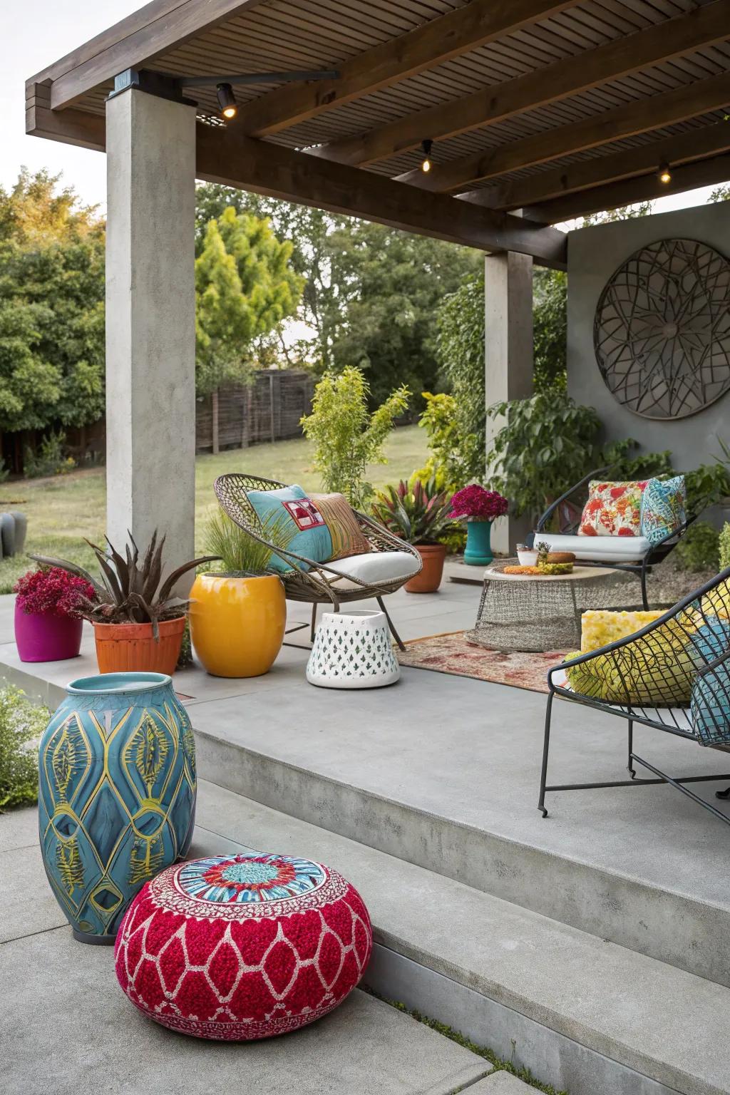 A concrete patio featuring unique outdoor art pieces and stylish modern decor.
