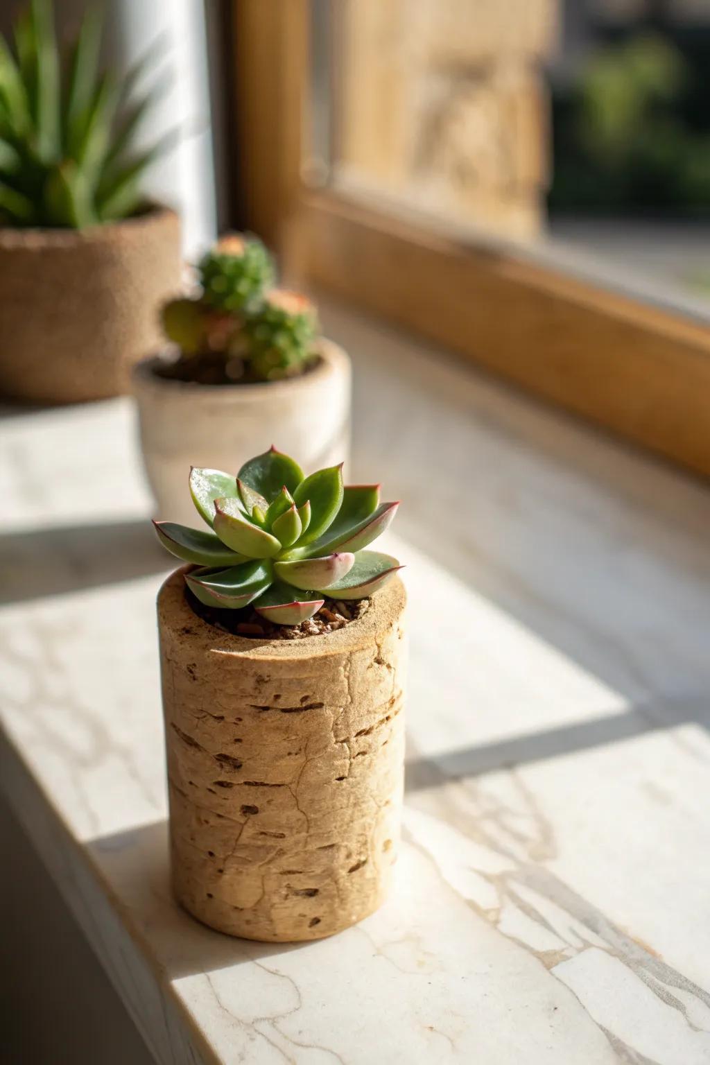 Transform wine corks into charming mini succulent planters, perfect for a touch of natural elegance.