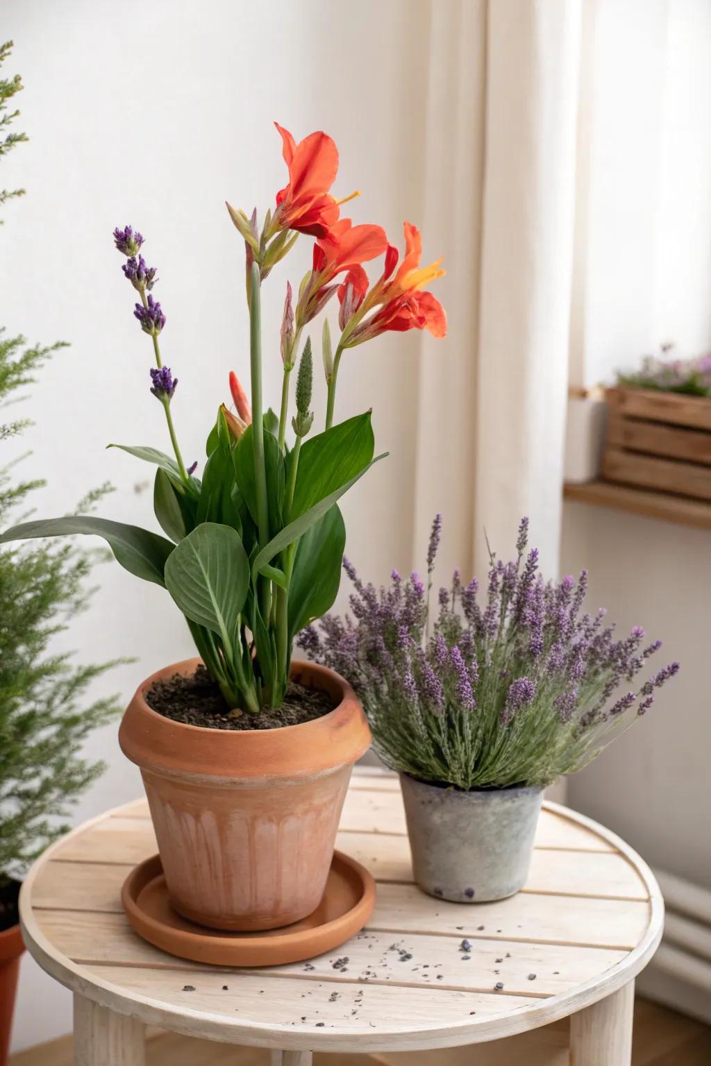 Embrace the enchanting blend of fragrance and color with canna lilies and lavender in perfect harmony.