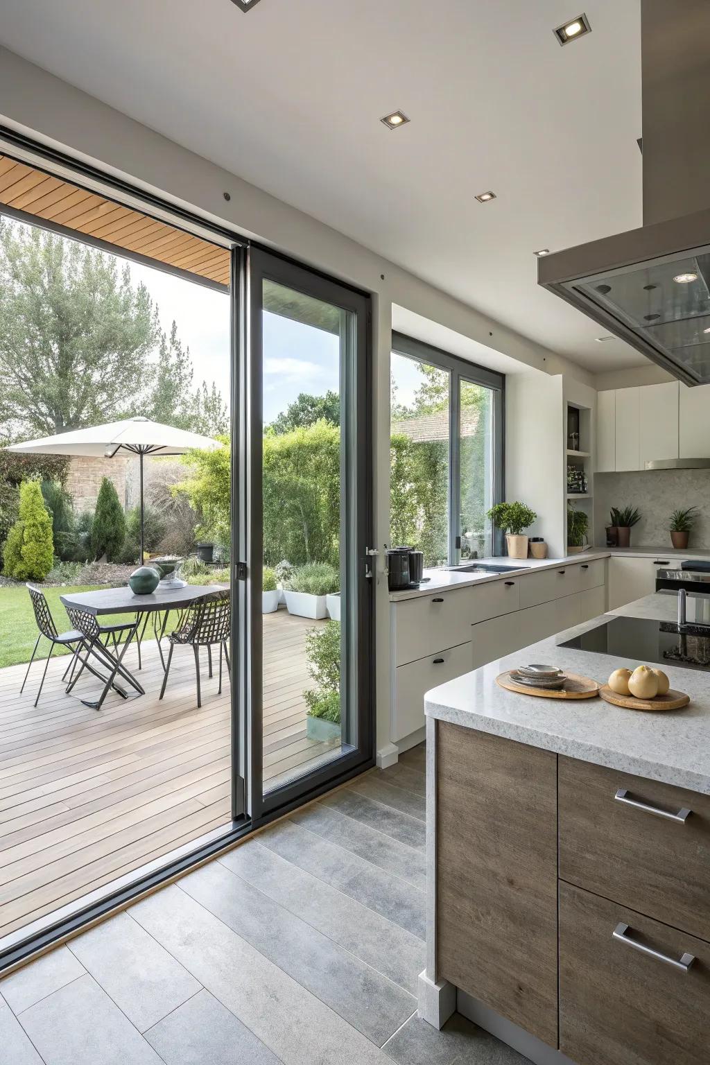 Indoor-outdoor flow enriches the kitchen's atmosphere.