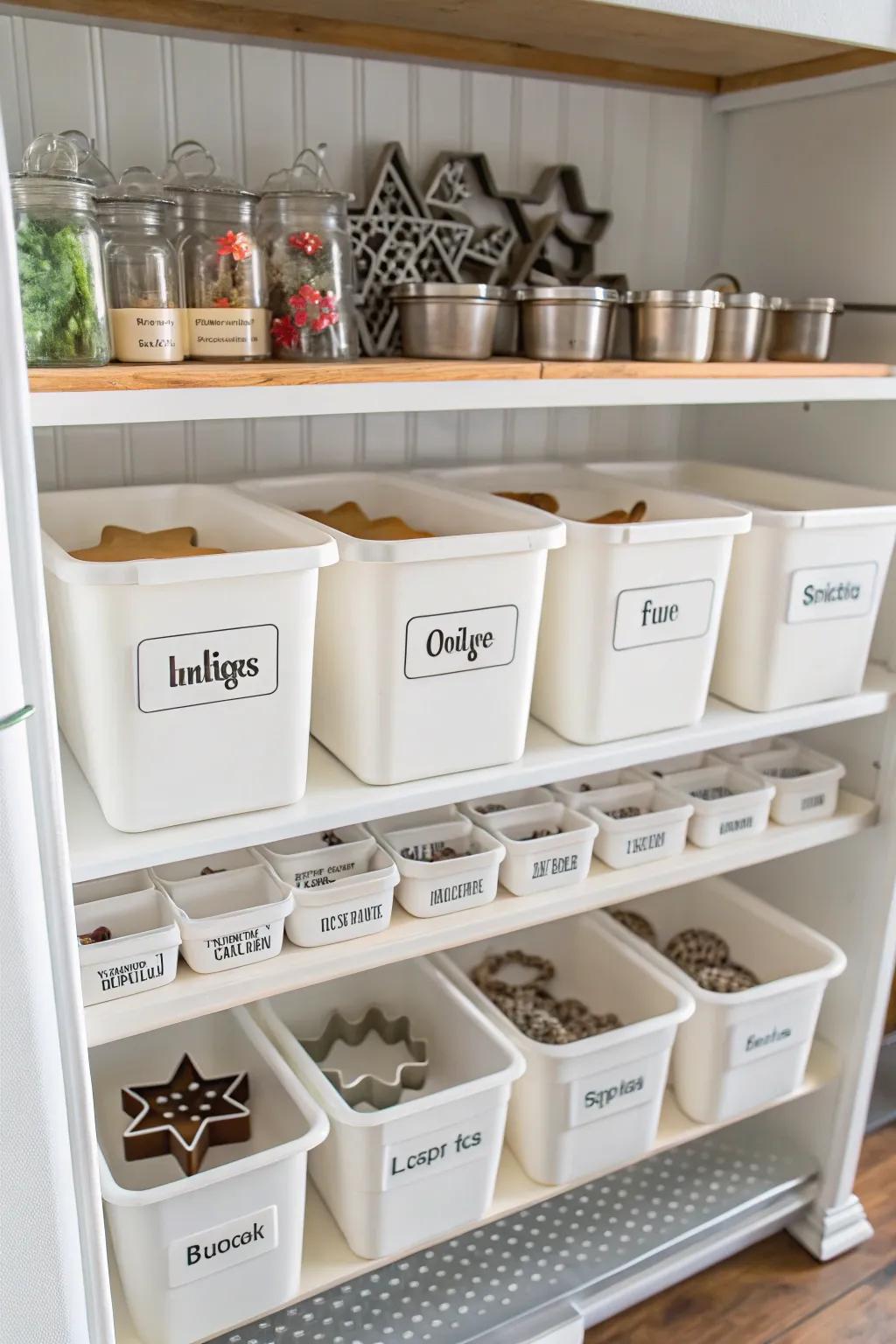Labeled bins categorizing cookie cutters by theme.