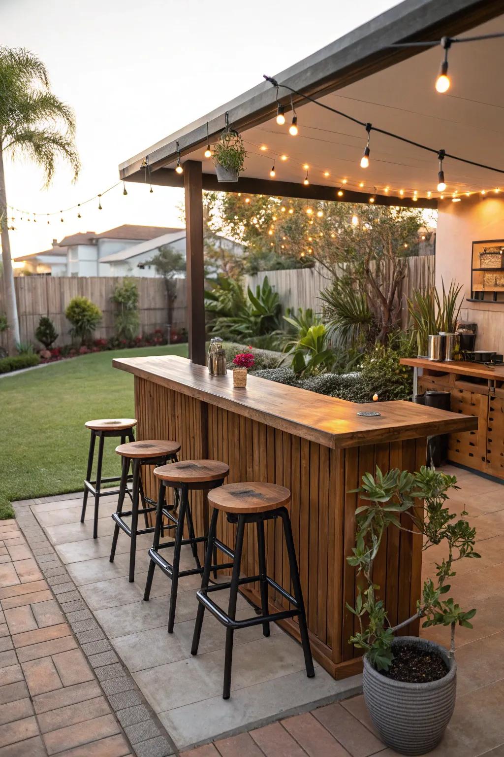 A backyard bar is excellent for hosting get-togethers.