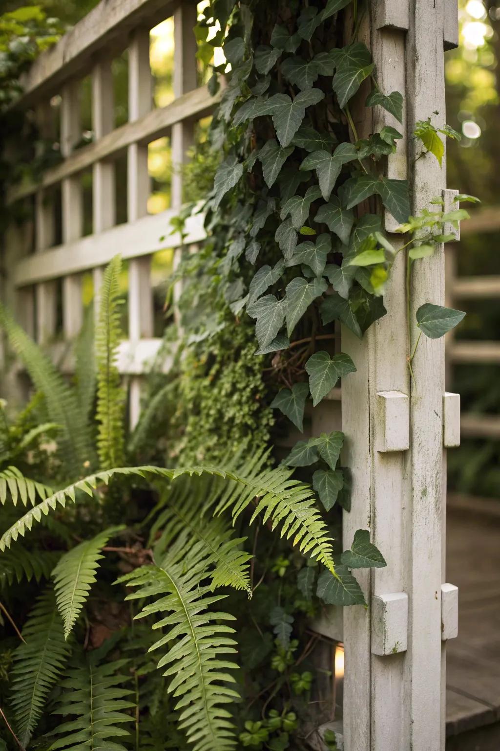 A textural exhibition of ferns and ivy on a trellis.
