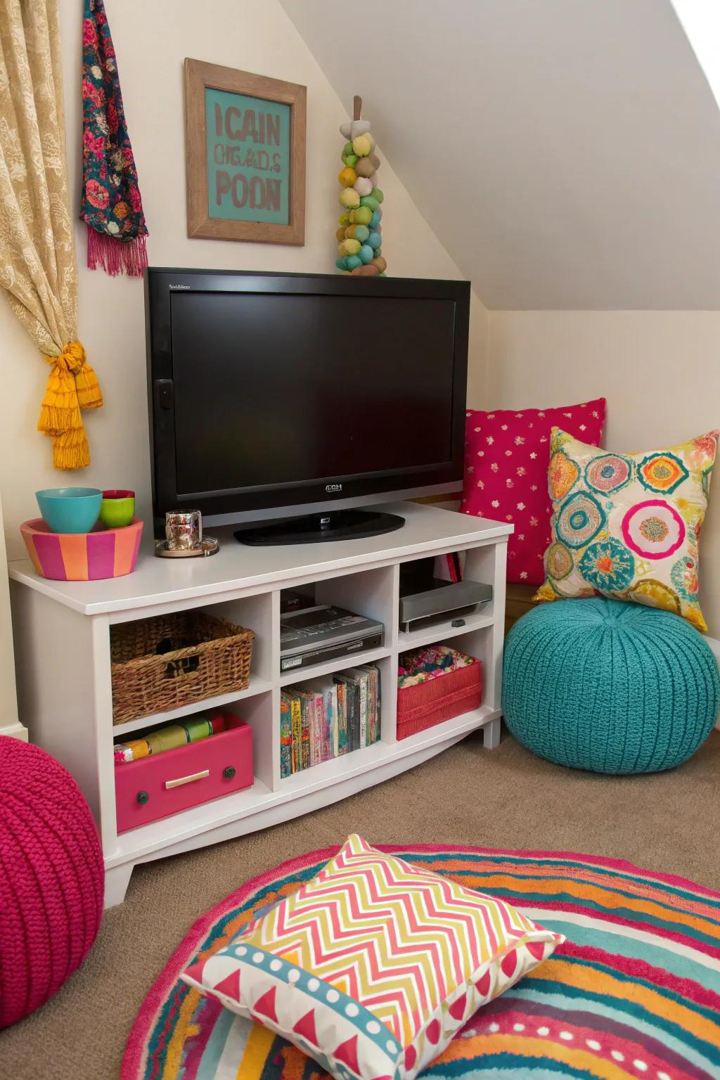 A splash of color breathes life into a corner TV space, making it a lively focal point.
