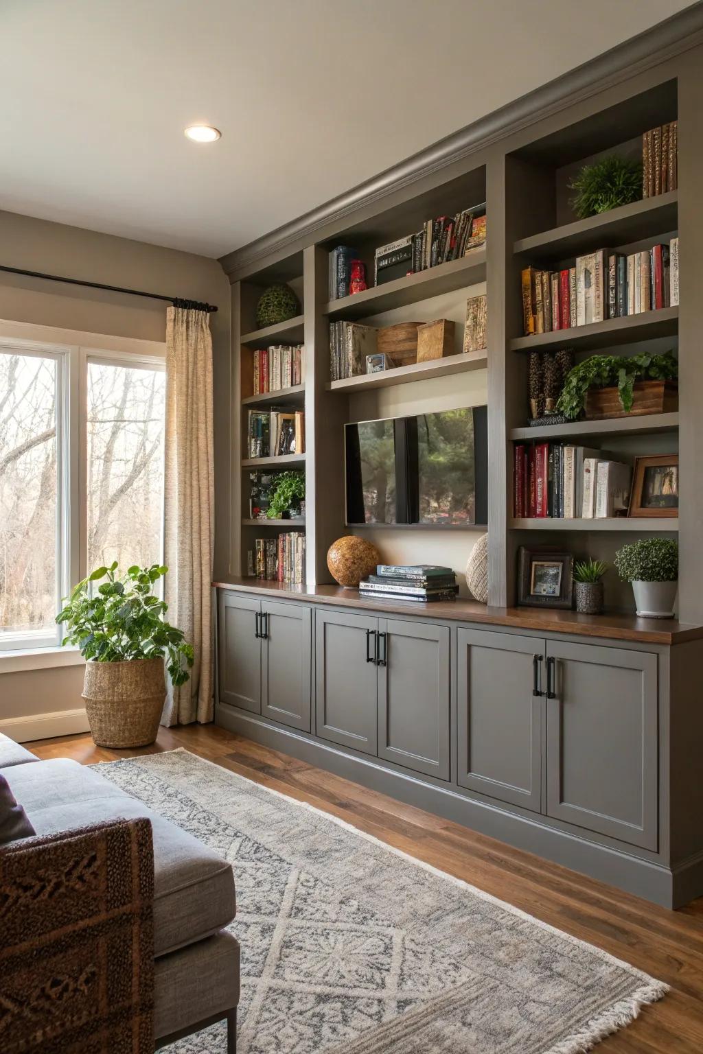 Custom built-ins offer practical storage and a stylish display.