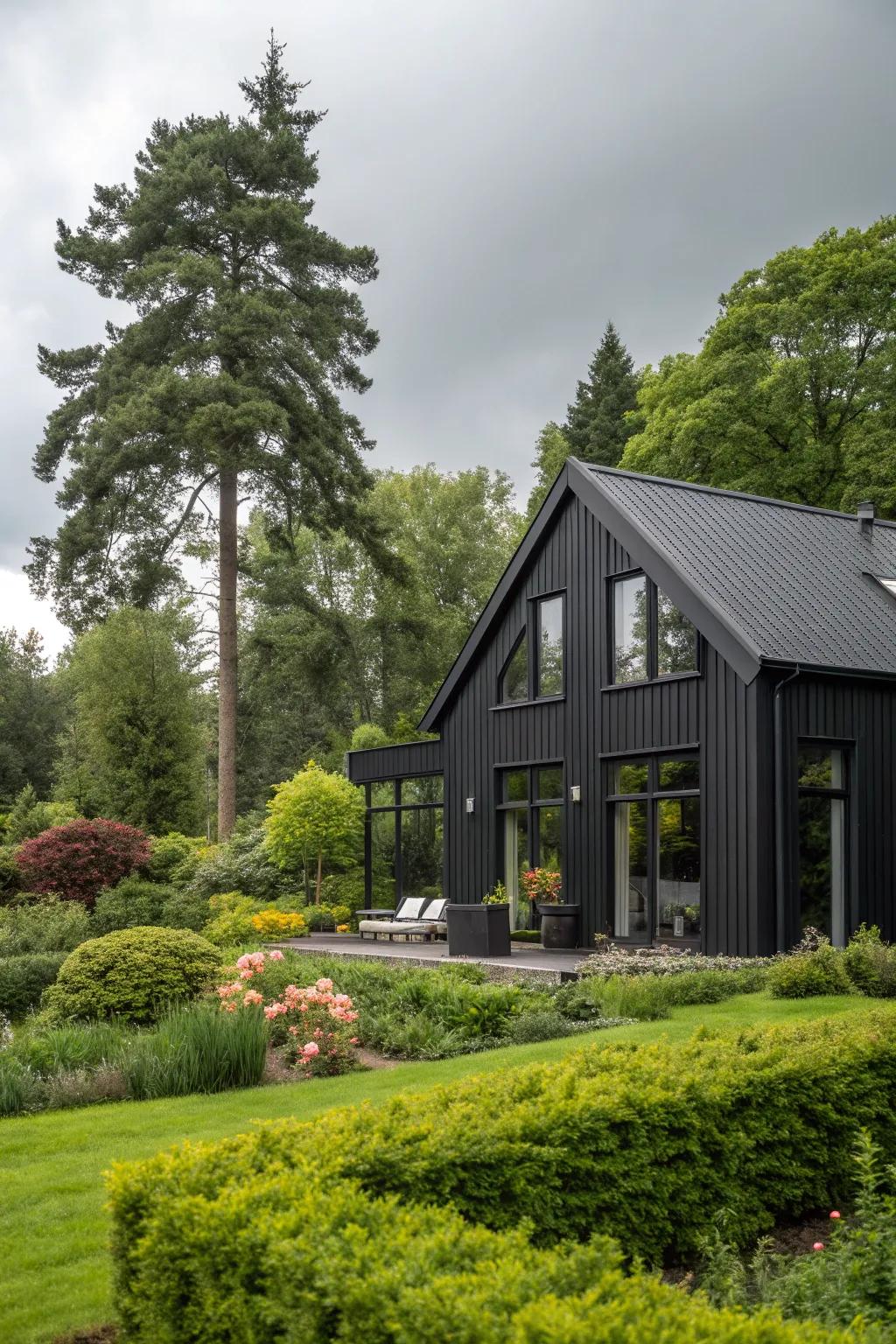 Daring ebony siding proffers a modern flair.