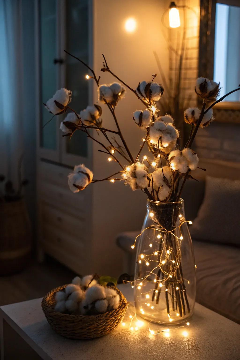 Whimsical charm with fairy-lit cotton stems.