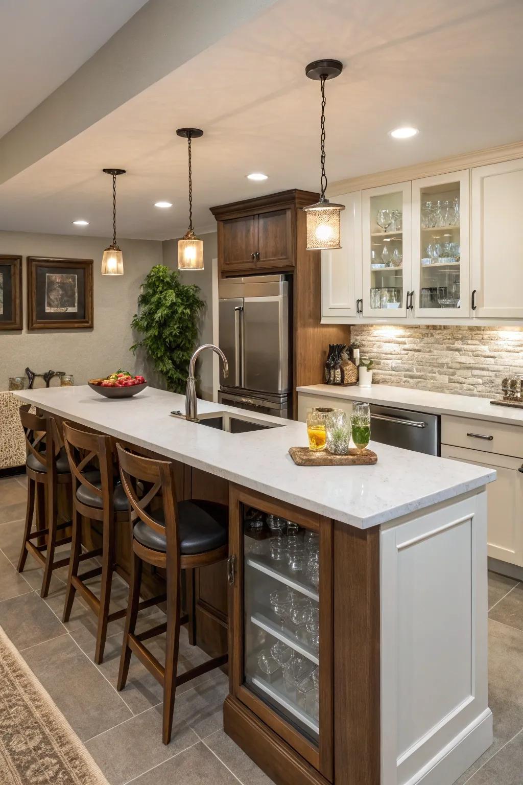 A kitchen with a countertop bar designed for entertaining.