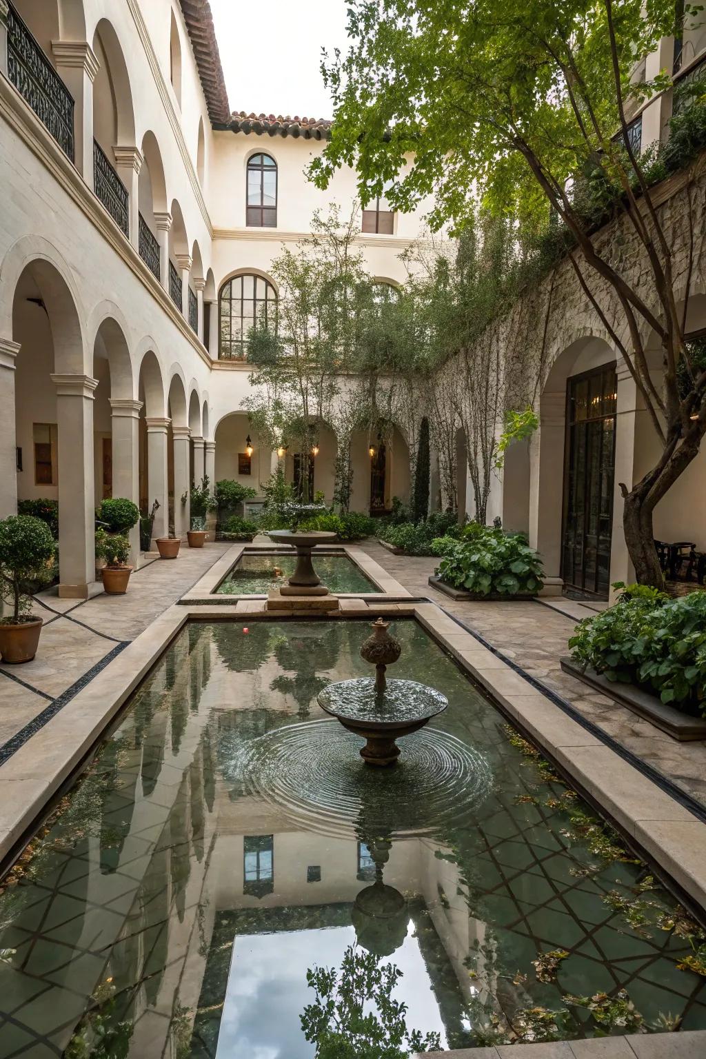 Reflective surfaces enhance the sense of space in a courtyard.
