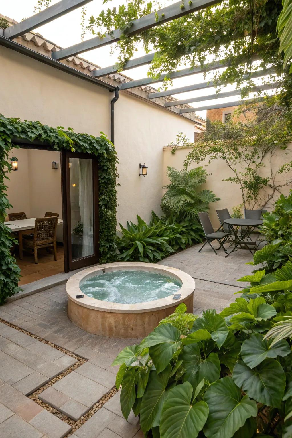 A hot tub adds a touch of luxury to this intimate courtyard patio.