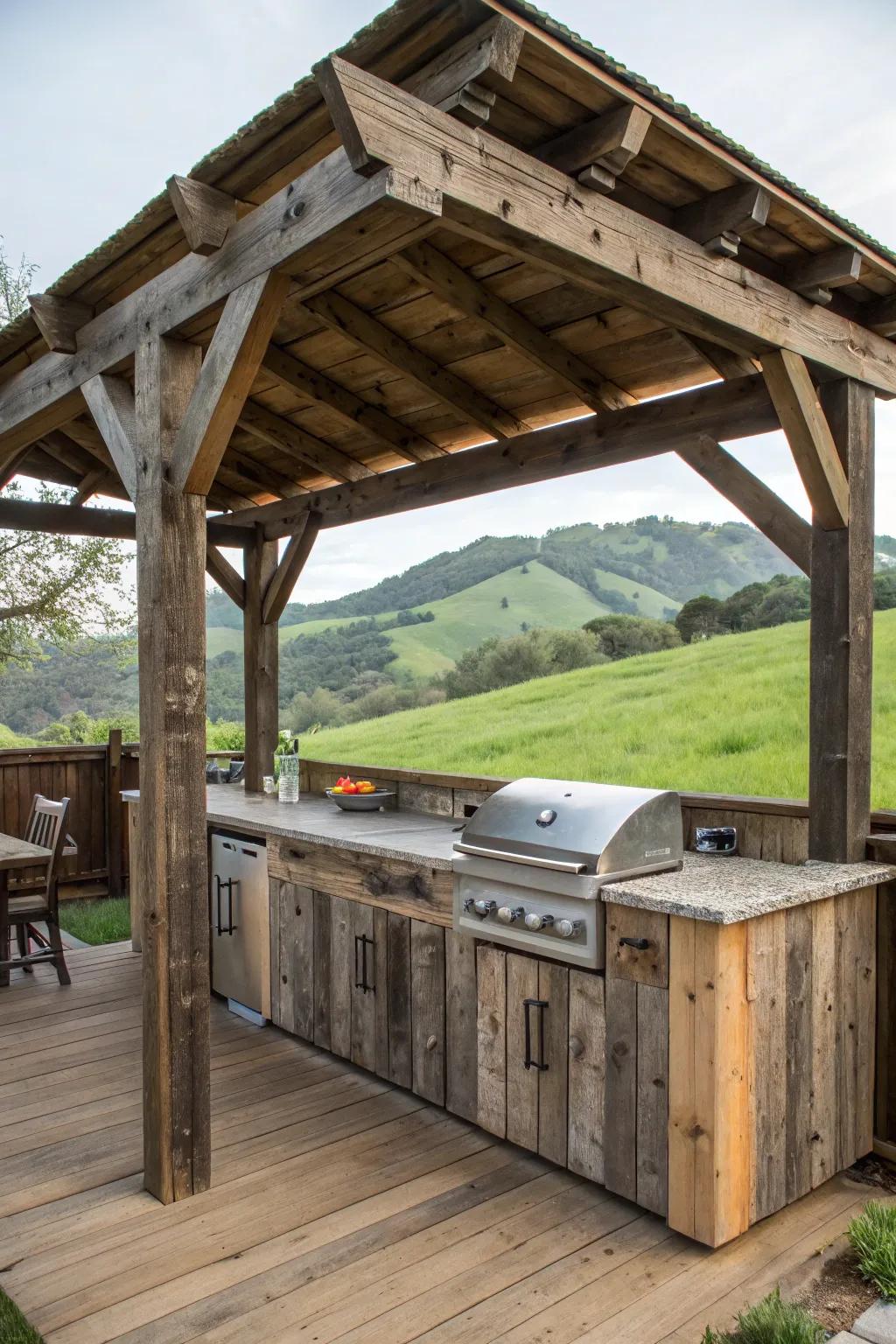 A barn-inspired structure adding rustic charm to a grill area.