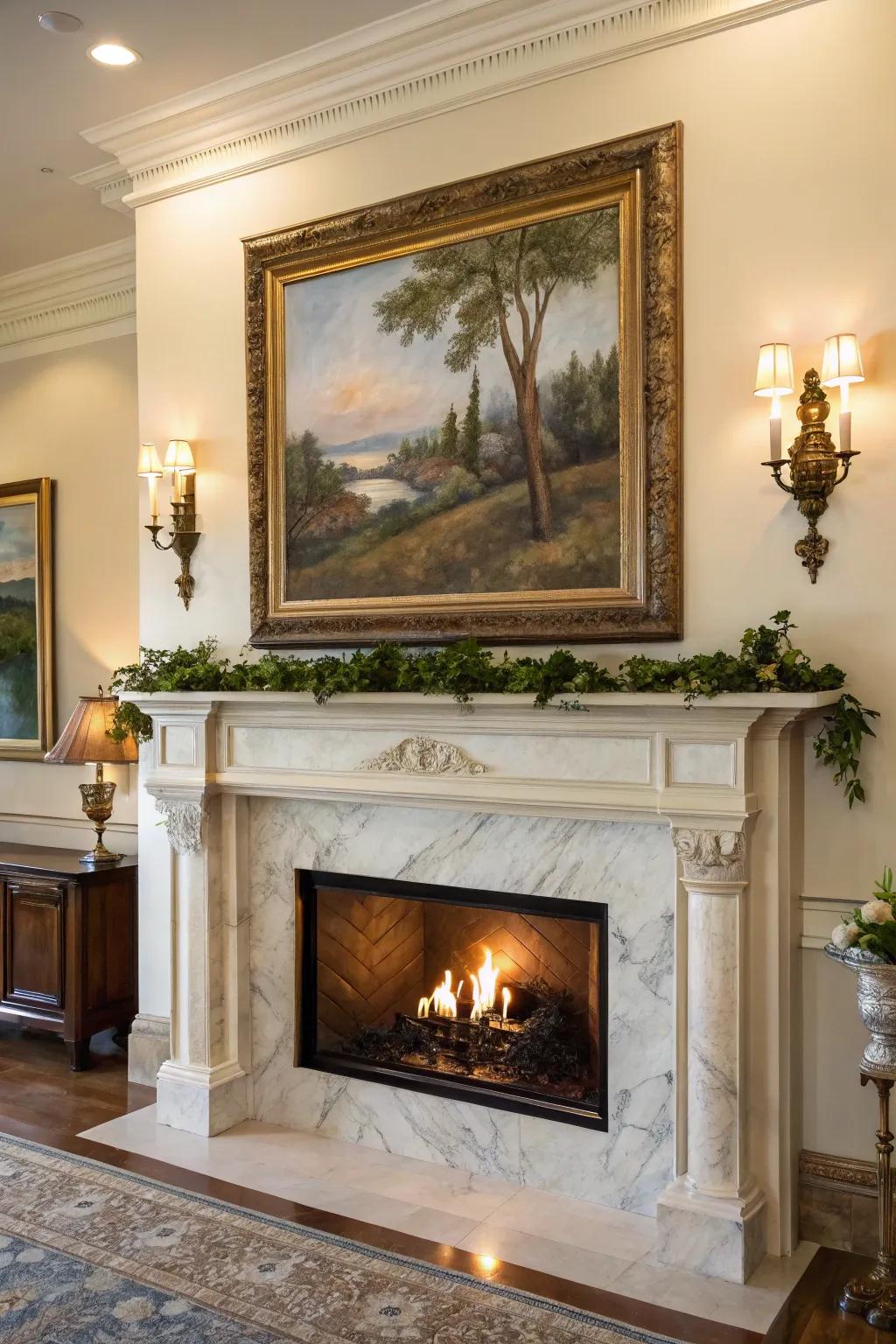 Landscape artwork above the mantel brings nature's beauty indoors.