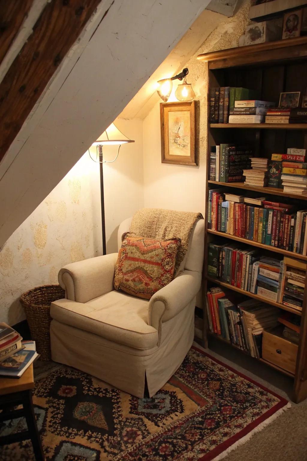 Transform an unconventional space into a cozy and functional space for reading.