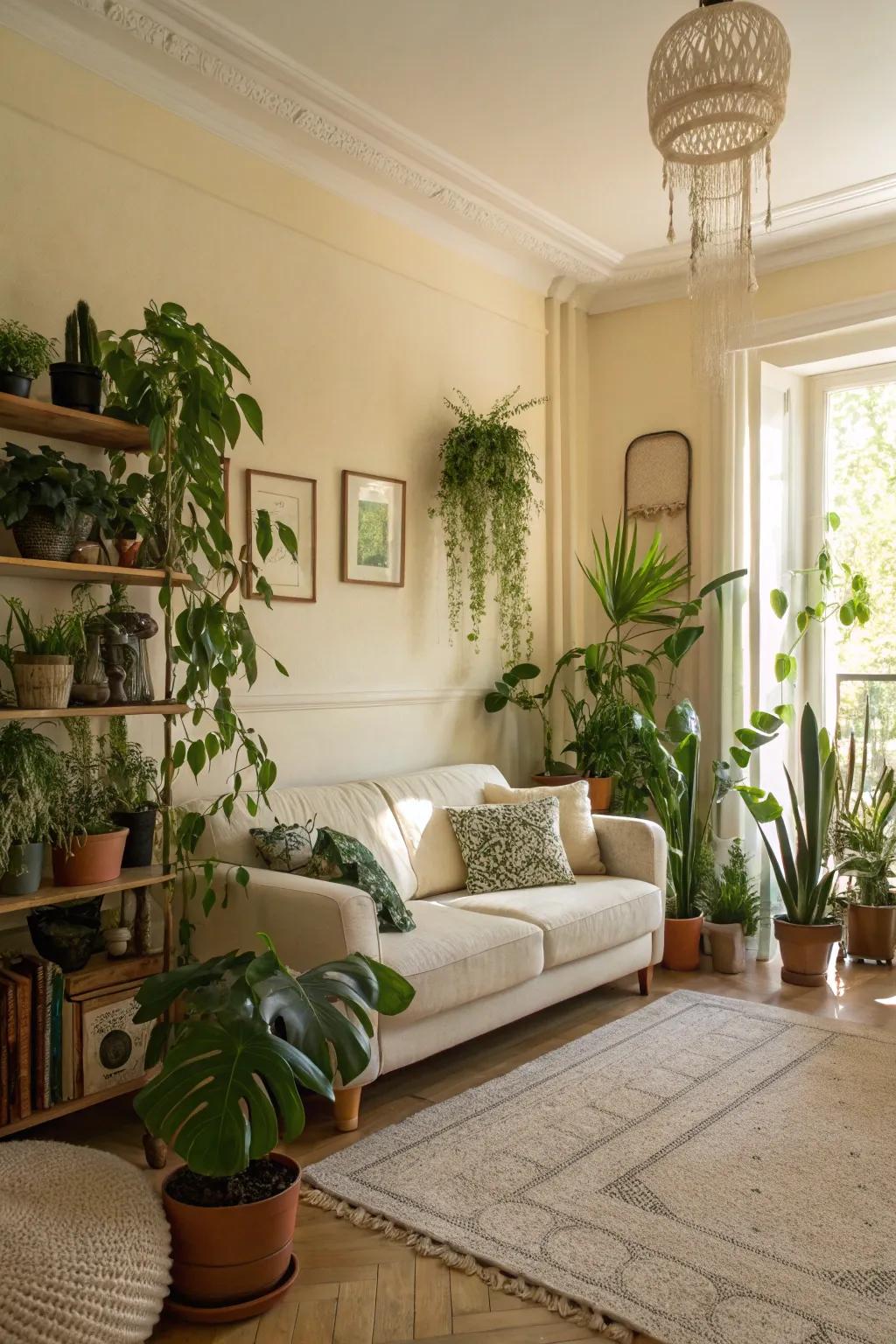 Indoor greenery adds freshness and vibrancy to cream spaces.