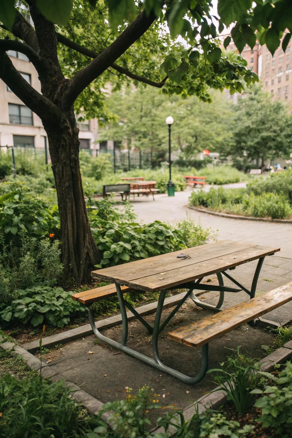 A stylish wood and metal picnic table, merging industrial design with natural elements.