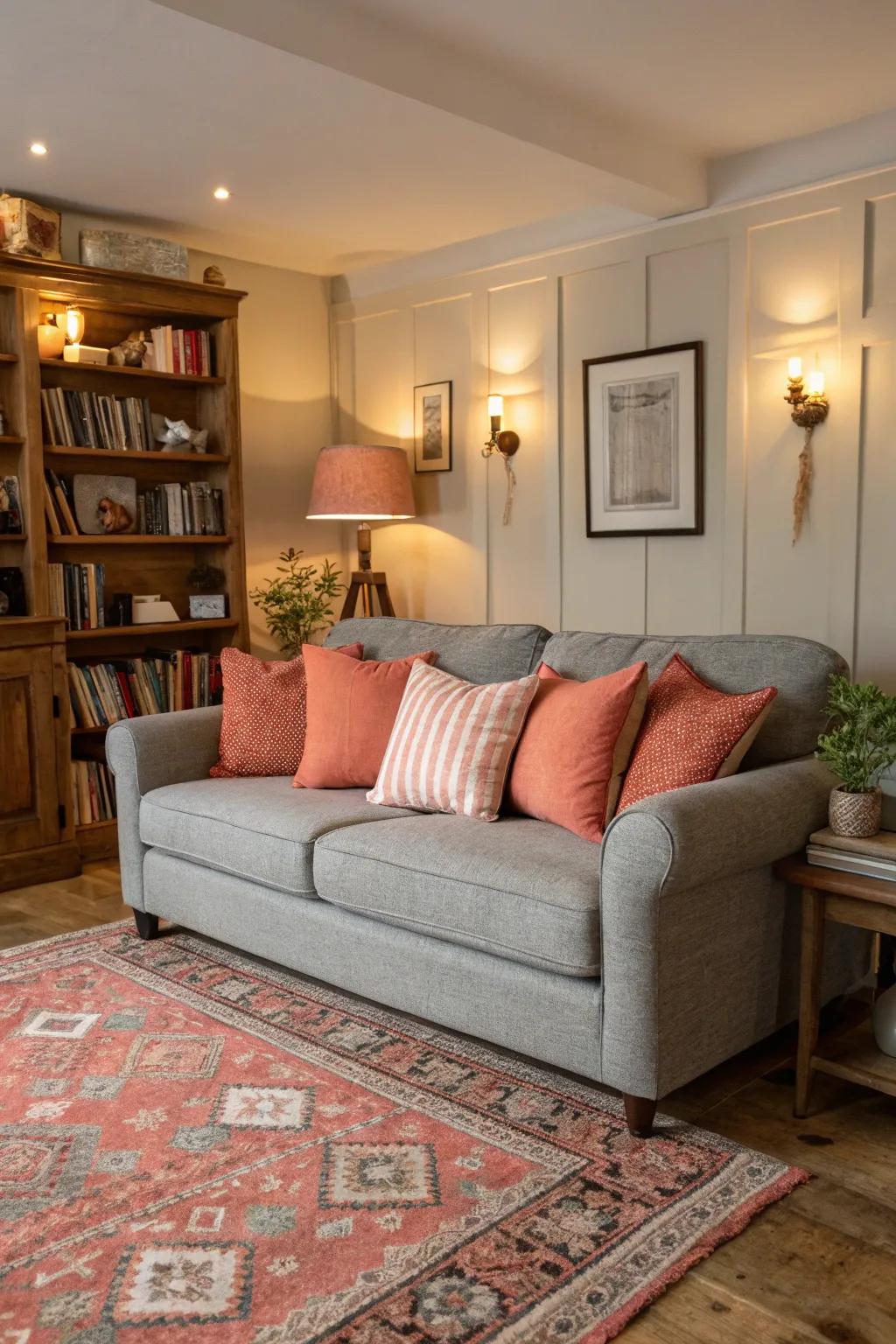 Coral cushions deliver a tender and welcoming dash to a charcoal couch.