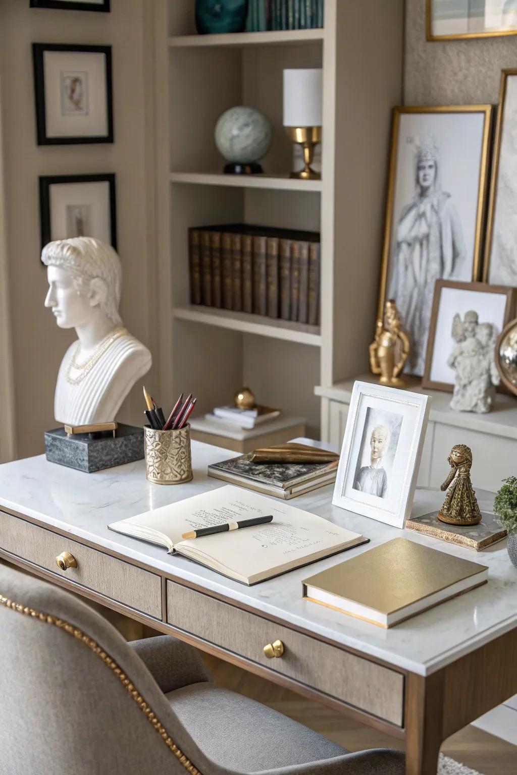 A desk with small art pieces adding sophistication.
