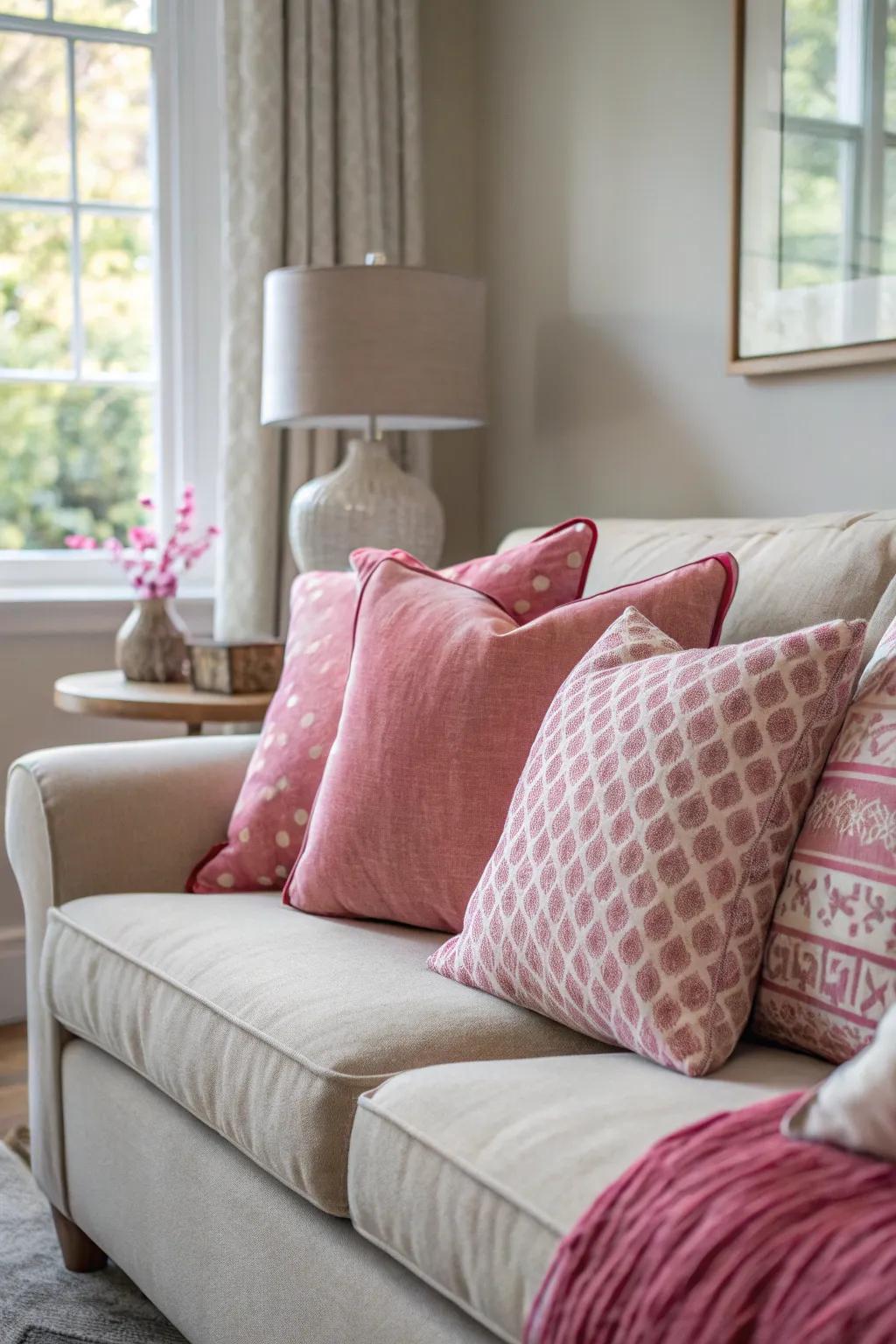 Rose throw cushions contribute adaptability and flair to the seating arrangement.