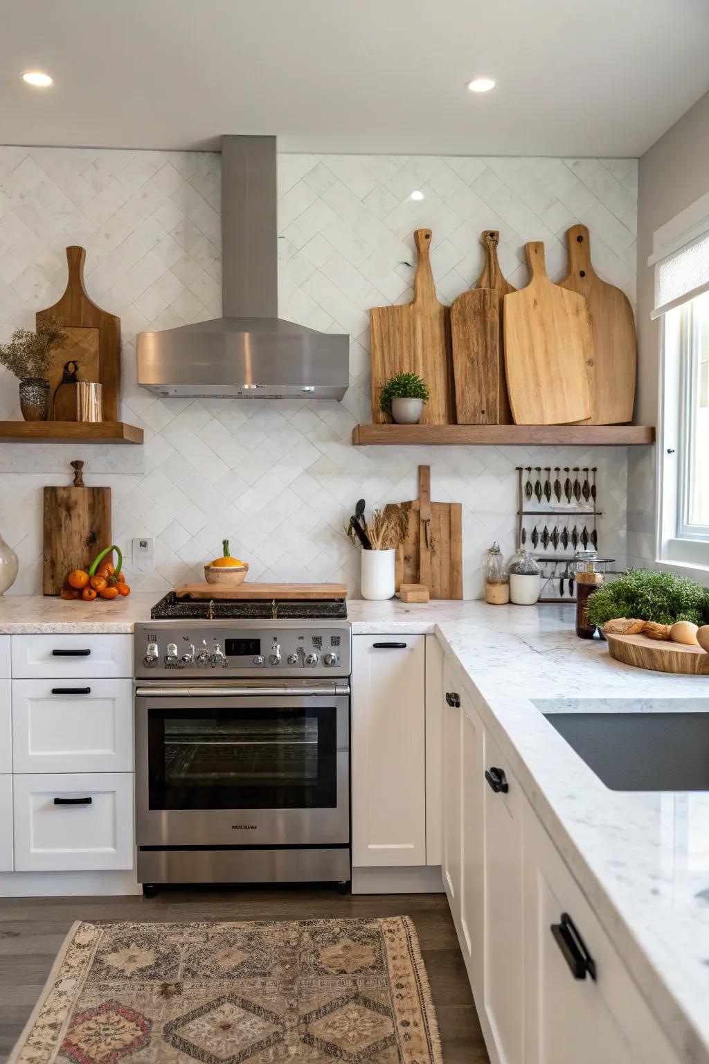 Cutting boards stored over the oven for space-saving.