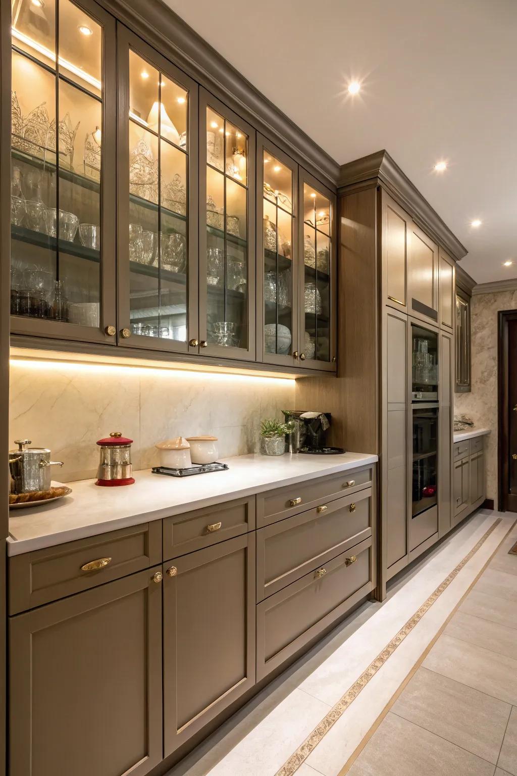 Glass insert doors add openness to dark beige cabinets.