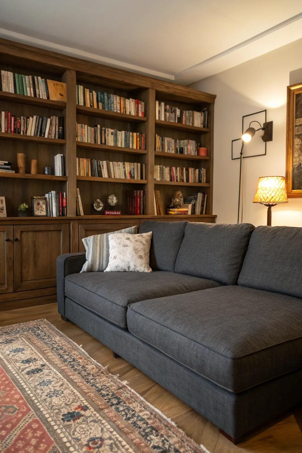 Bookshelves as scenic views create a cozy library feel.