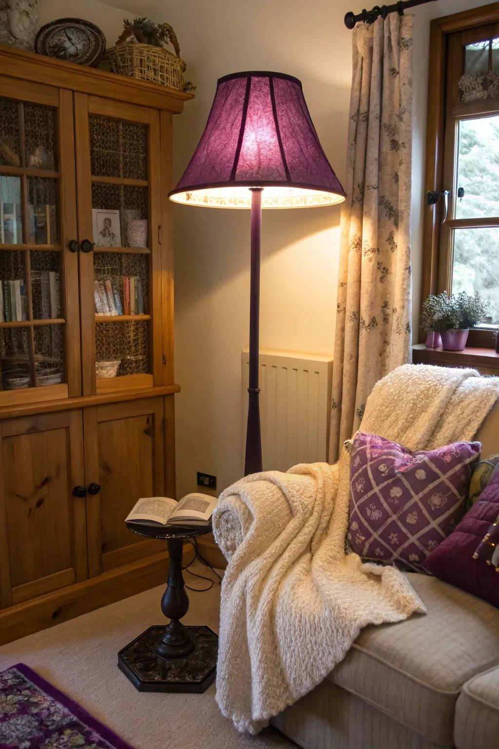 A dark purple floor lamp brightens up the corner of this cozy living room.
