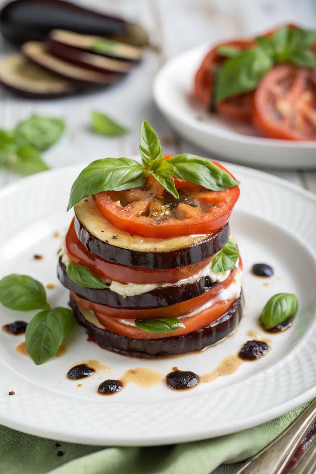 A unique and flavorful eggplant and tomato stack.