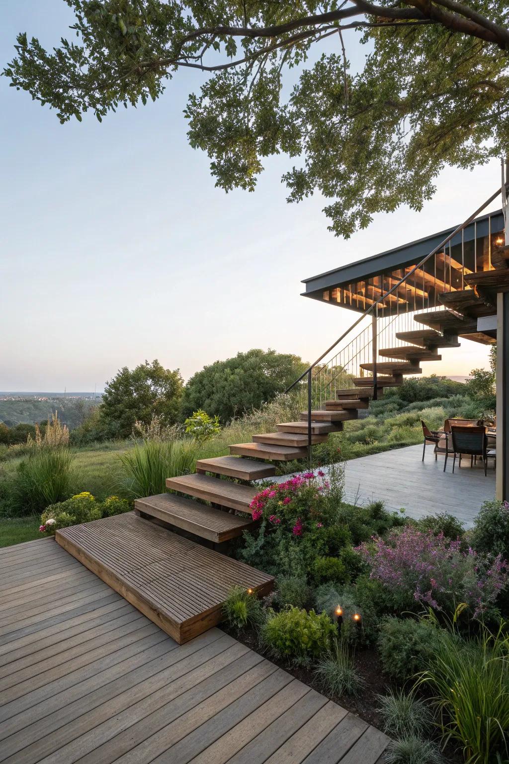 Floating deck stairs creating a modern, open look.