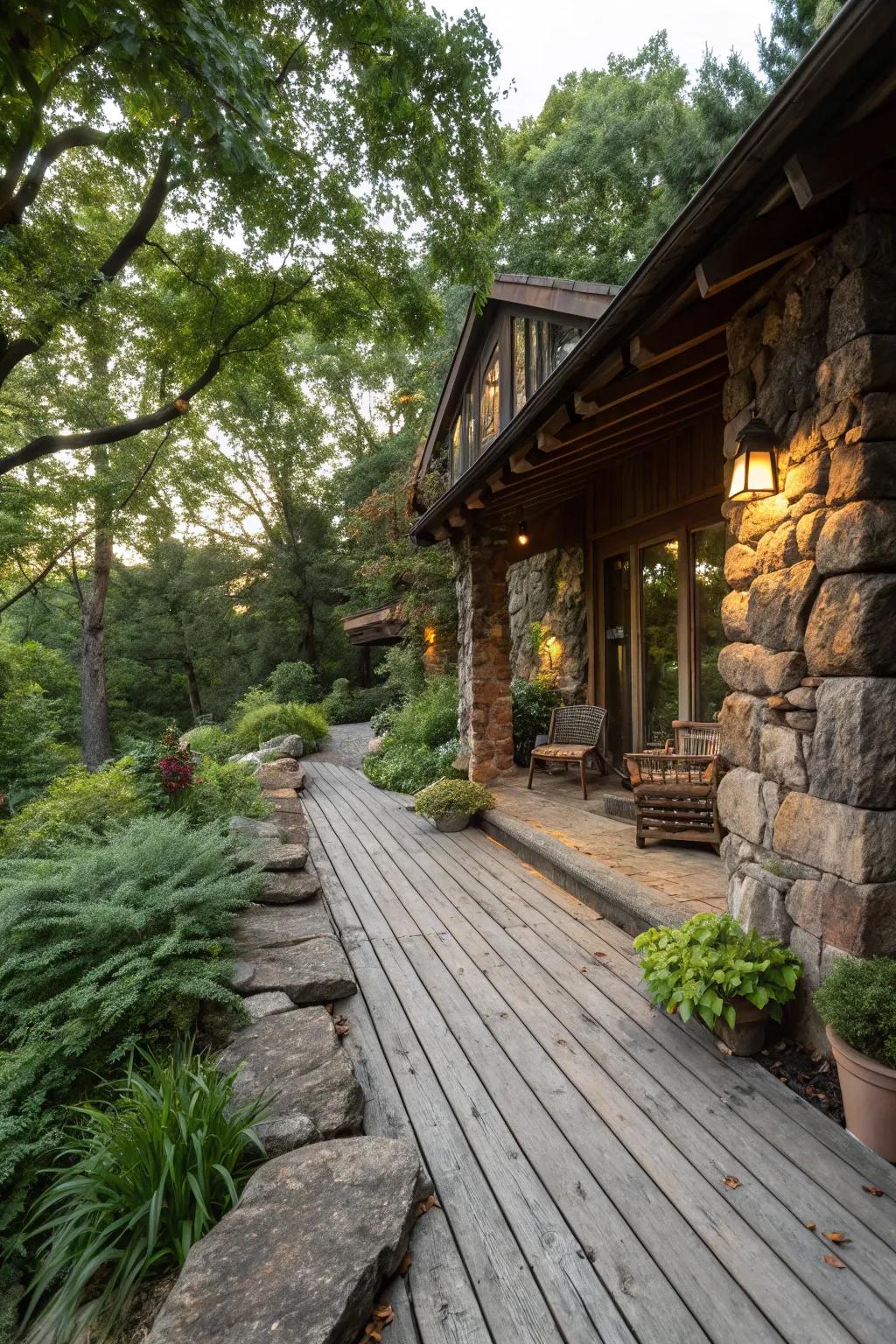 Natural materials lend this patio a rustic charm that harmonizes with its surroundings.