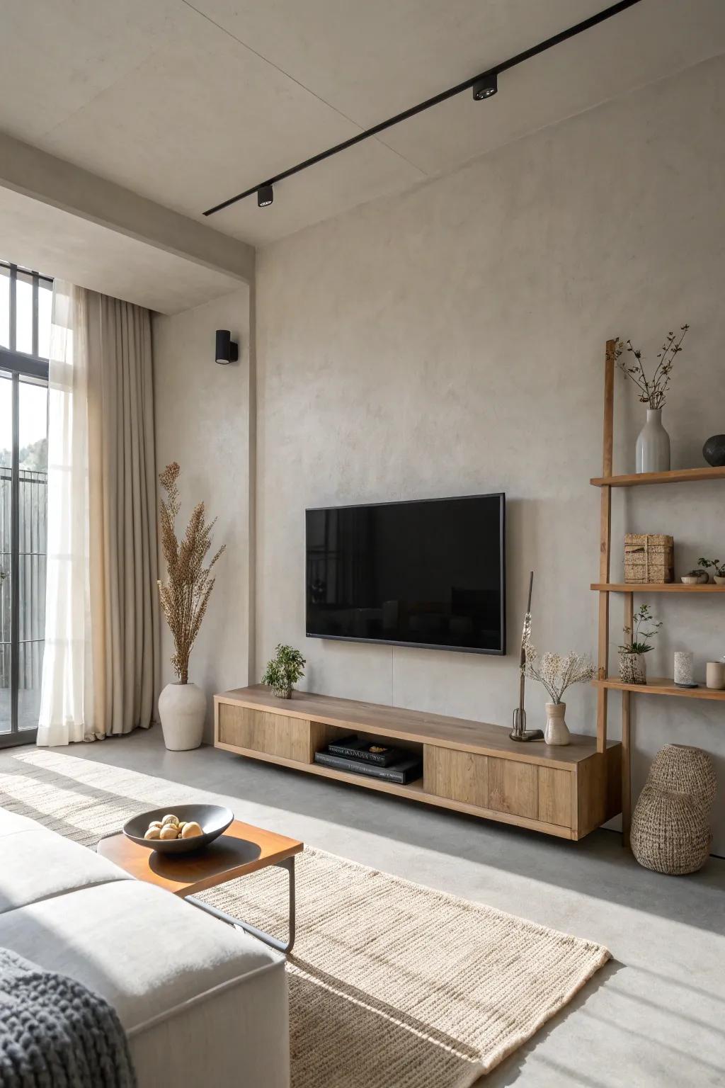 A minimalistic design approach maintains a tidy, focused look for the TV area.