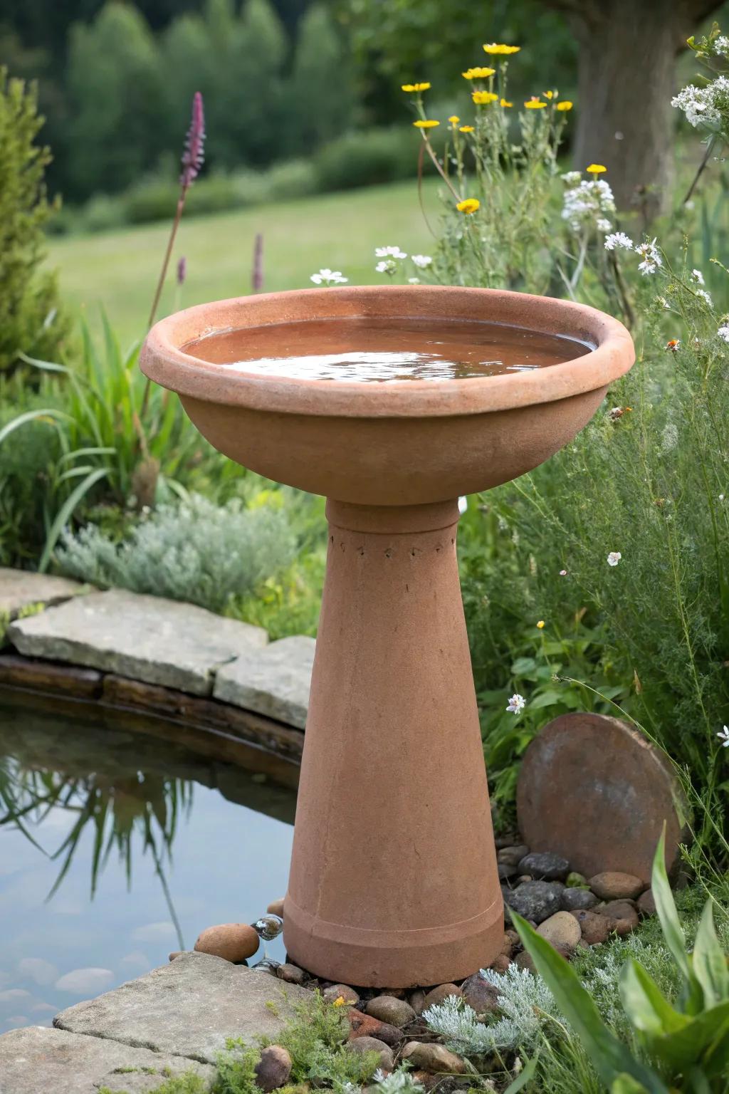 Invite nature's song with a minimalist clay pot bird bath, a serene garden centerpiece.