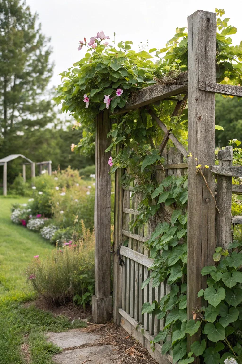 Trellis fences sustain and showcase ascending flora.