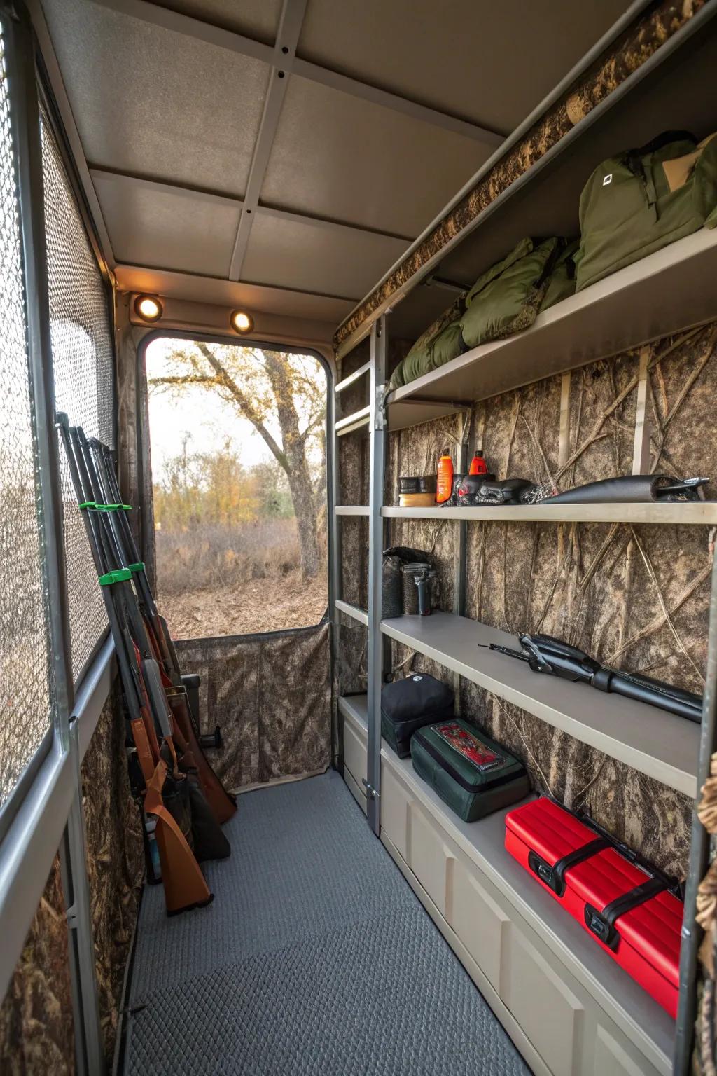 Compact shelving offers practical storage solutions for essential items.