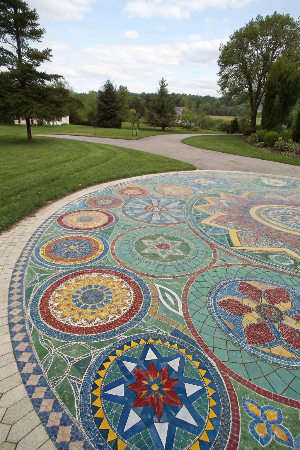 A mosaic driveway offers a breathtaking display of artistry and color.