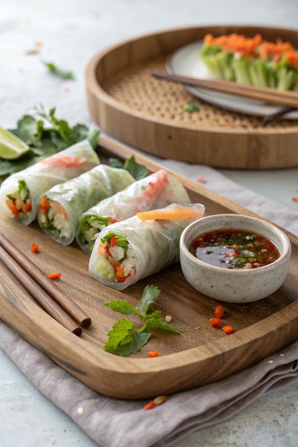 Relish the crispness and zest of hand-rolled clear wrap summer rolls.