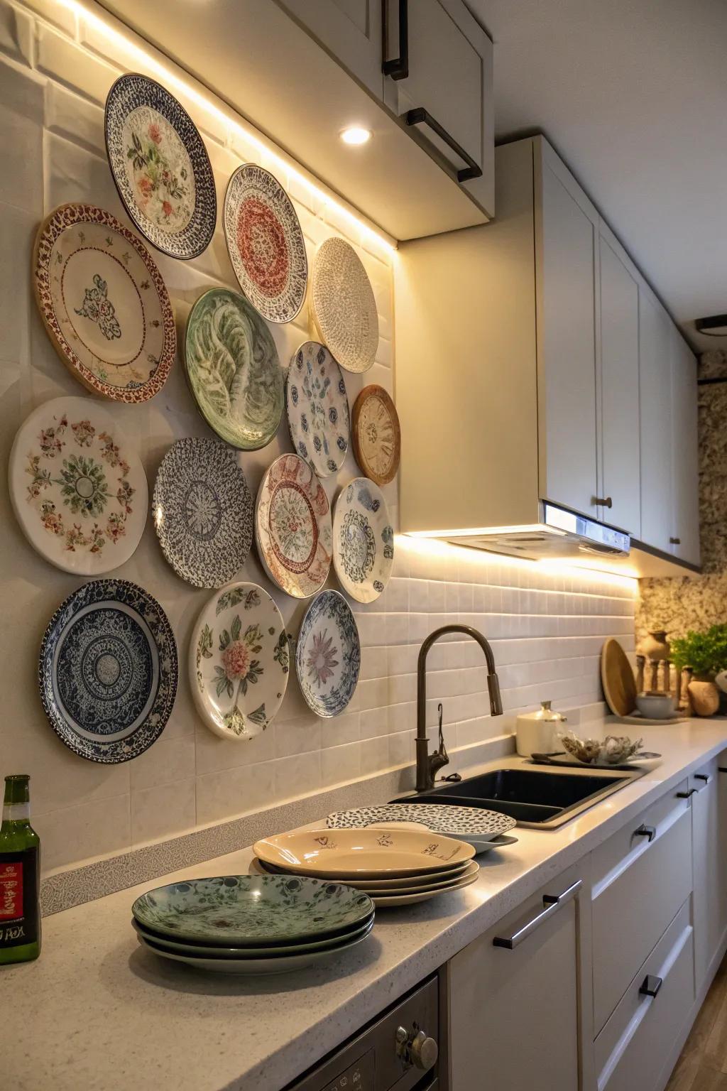 Ornamental plates offer a nostalgic and colorful kitchen accent.
