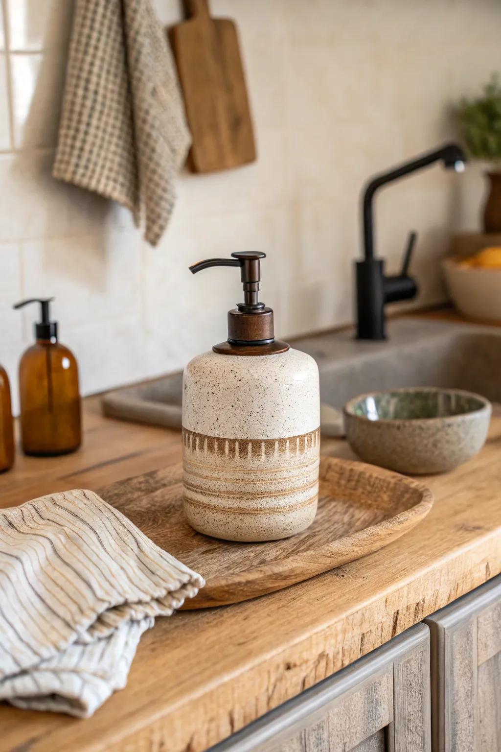 Stoneware dispensers add elegance and texture.