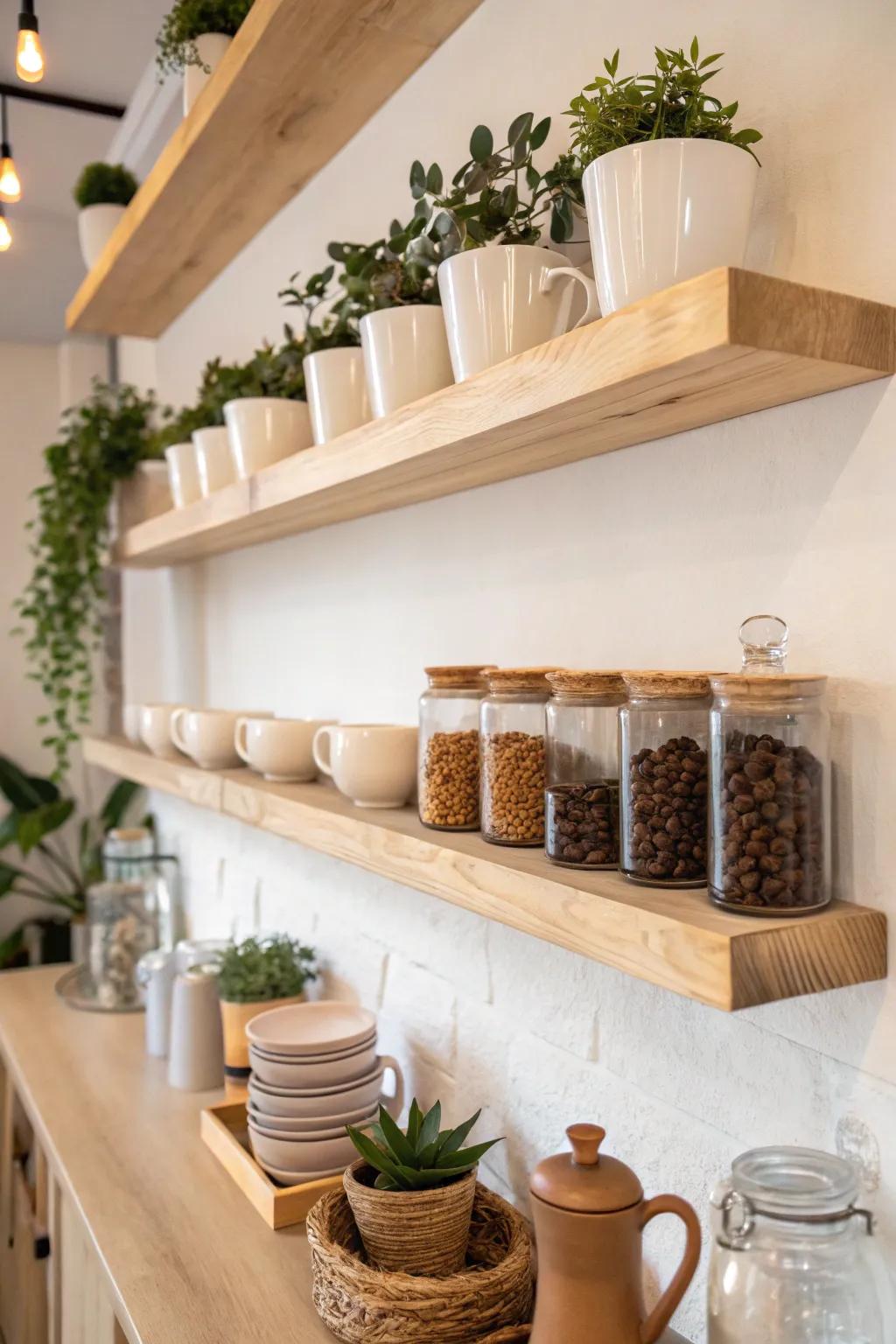 Elevate your coffee nook with minimalist floating shelves—where simplicity meets style.