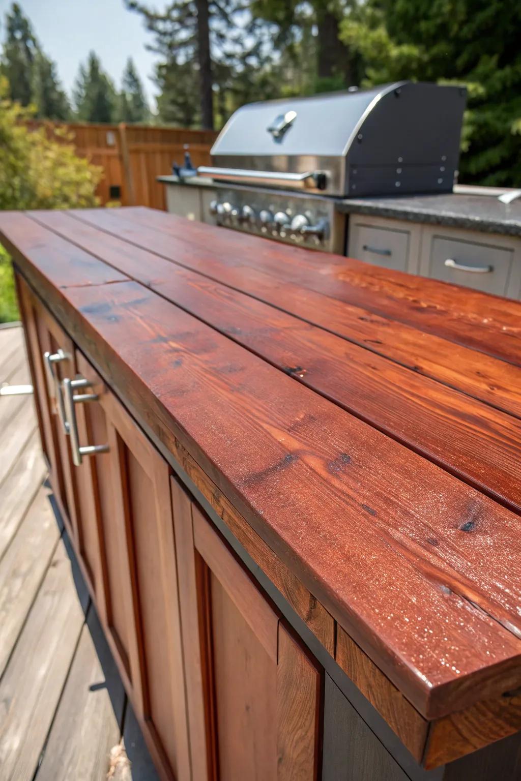 Upgrade your grilling space with a handcrafted cedar plank countertop that combines beauty and function.