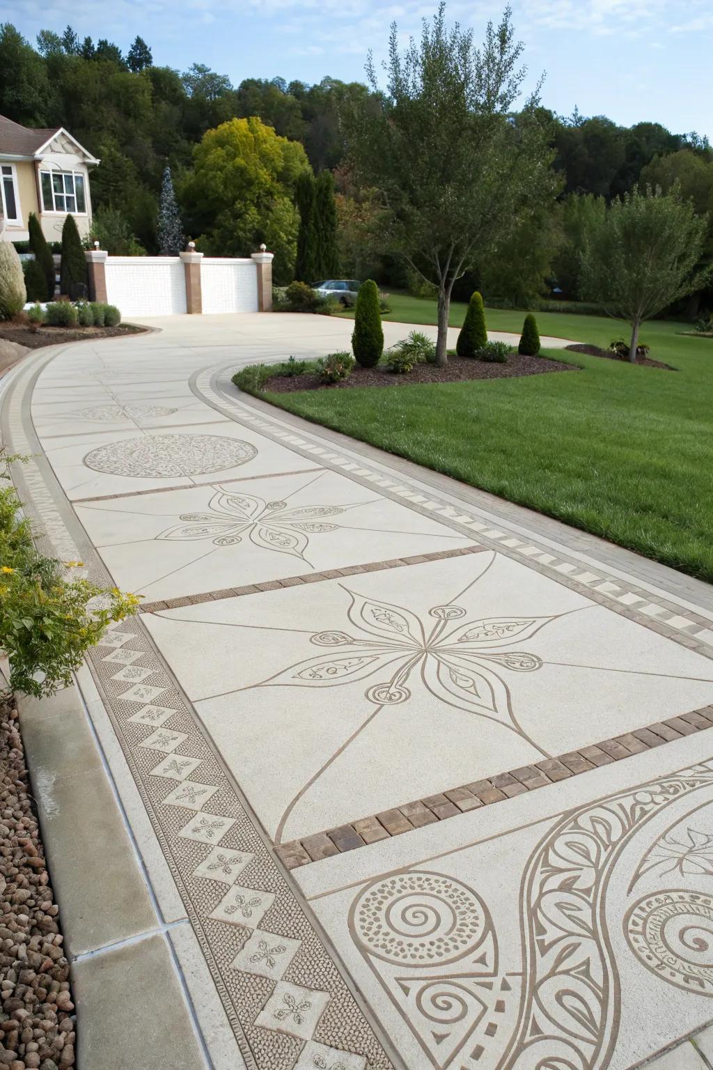 Intricate artistic layouts in driveway hardscaping exude sophistication.