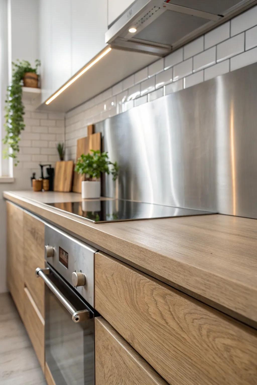 Transform your kitchen with a sleek stainless steel backsplash that combines durability with minimalist elegance.