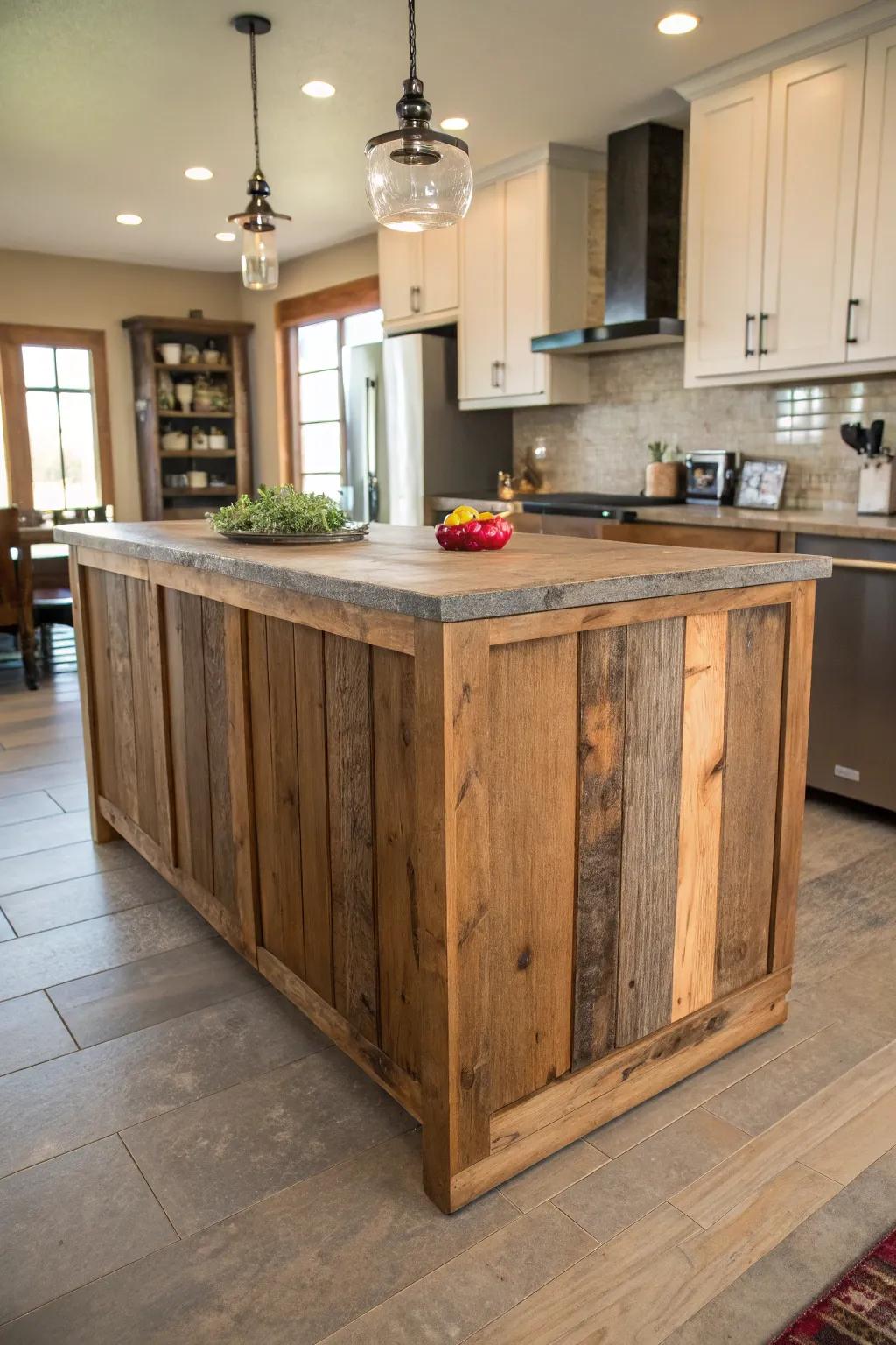 An eco-friendly island crafted from salvaged wood.