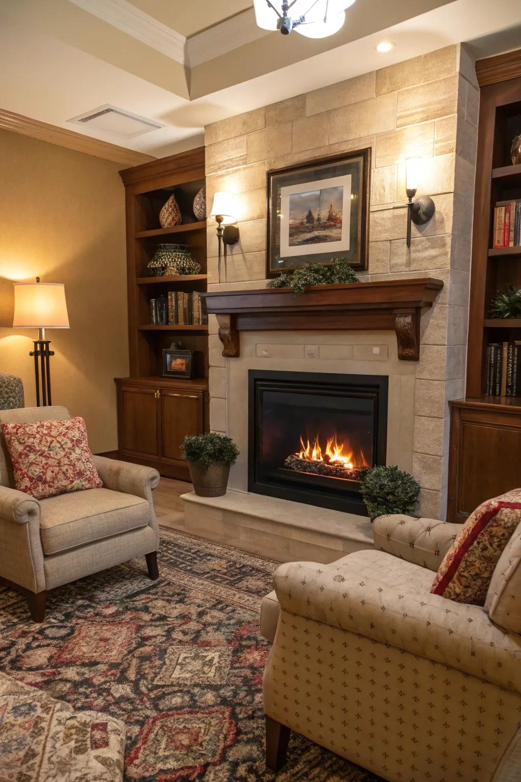 A cozy alcove with an electric fireplace